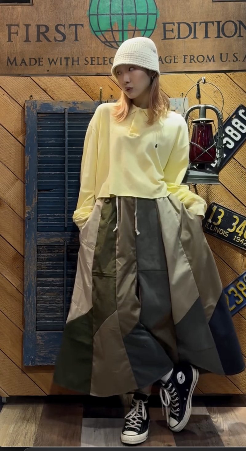 military patchwork long skirt - กระโปรง - ไฟเบอร์อื่นๆ สีเขียว