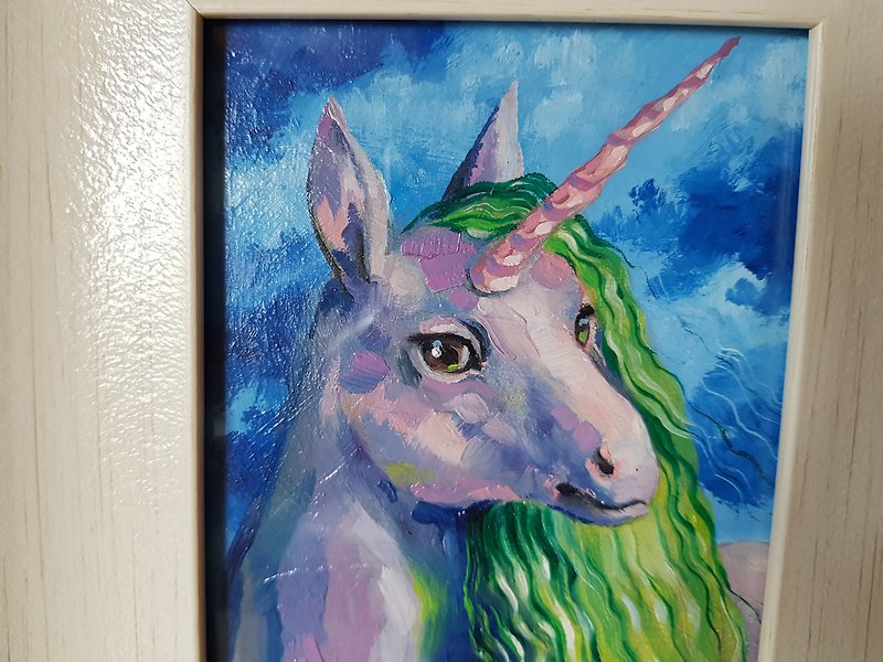 Small original cute animal Unicorn artwork hand painted oil painting framed - Wall Décor - Other Materials 