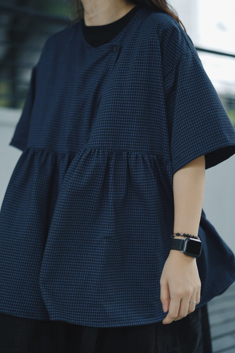 Single button checkered top-blue - Women's Tops - Cotton & Hemp Blue