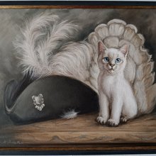 シャム猫　アート　絵画　極美品 販売しています。 紫の小花と植物に囲まれたシャム猫を描きまし