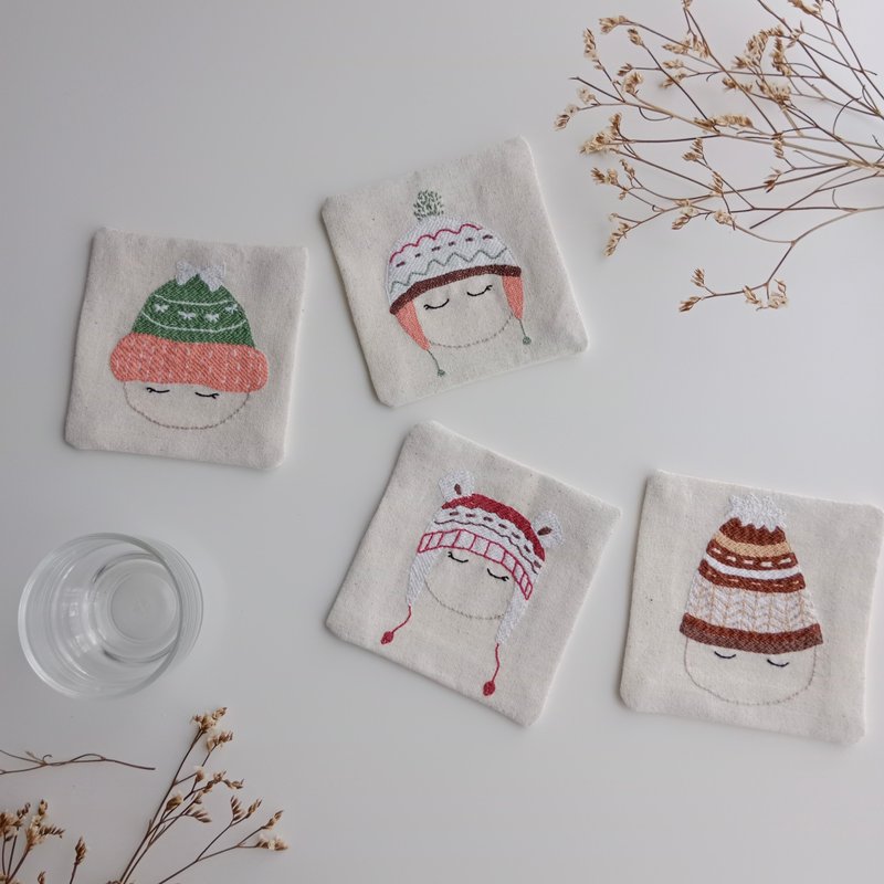 Bobble hat coaster set 4PCS hand embroidered 100% natural cotton fabric - Coasters - Cotton & Hemp White