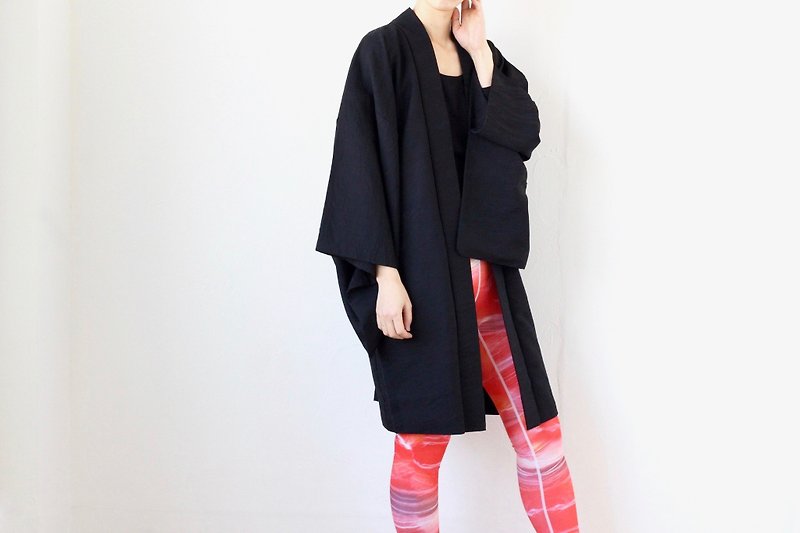 black wave kimono, EXCELLENT VINTAGE, haori /4100 - ジャケット - シルク・絹 ブラック