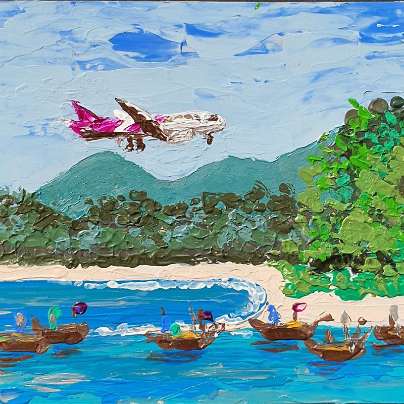 Airplane Painting Mai Khao Beach Phuket Airport Thailand Sirinath National Park - Posters - Other Materials Multicolor