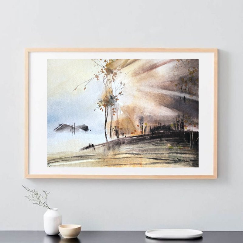 Sun rays original watercolour painting landscape wall art - 壁貼/牆壁裝飾 - 紙 多色
