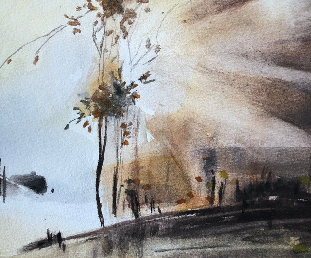 太陽光線のオリジナル水彩画風景壁アート - ショップ Alisa-Art