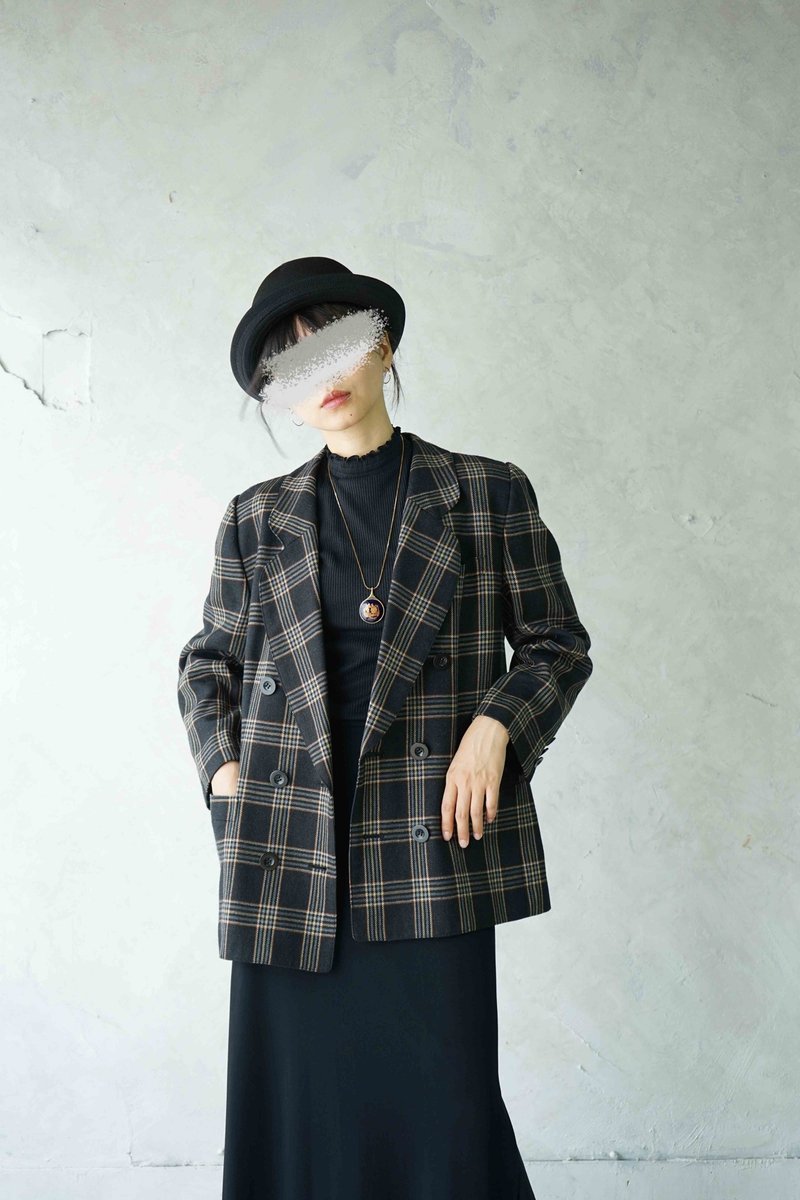 尋寶古著-Leilian英倫黑色格紋毛料雙排扣西裝外套 - 女西裝外套 - 羊毛 黑色