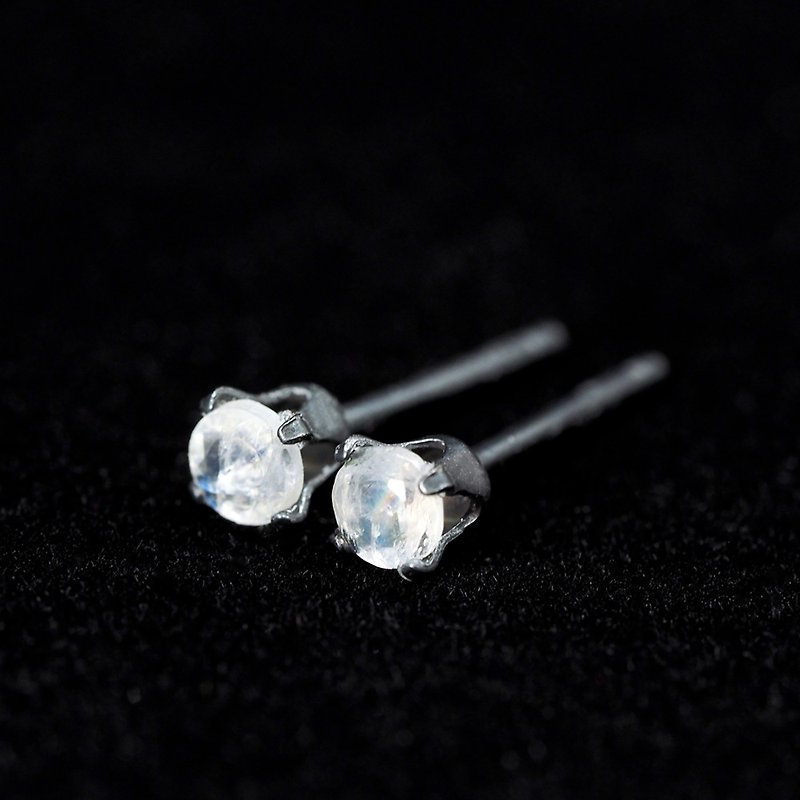 Rainbow Moonstone Tiny Black Earrings - Oxidized Sterling Silver - 3mm Round - Earrings & Clip-ons - Other Metals Blue