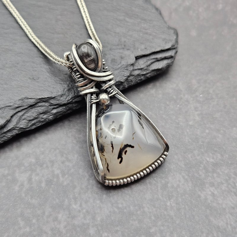 Ocean agate and Hypersthene Wire Wrapped Pendant , Silver , Oxidized - สร้อยคอ - เงินแท้ ขาว