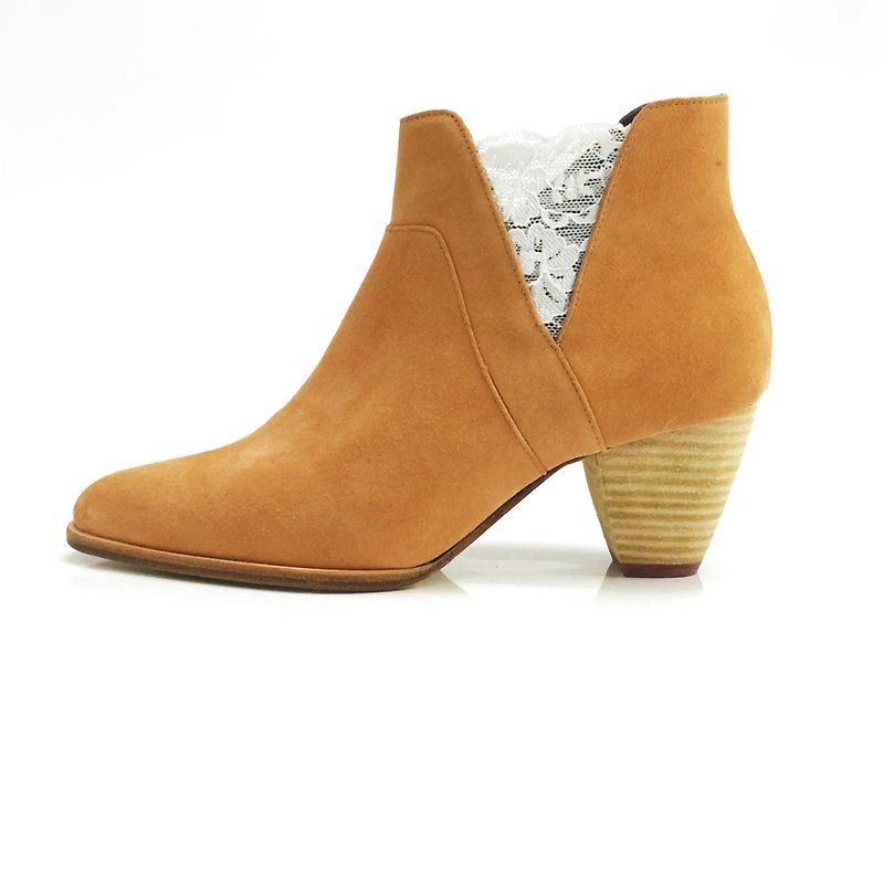 Valley (Orange brown mid heels handmade leather shoes) - รองเท้าบูทสั้นผู้หญิง - หนังแท้ สีส้ม