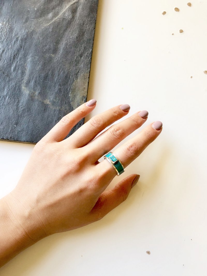 Vintage One-of-a-kind Rectangle Turquoise Silver Ring - 戒指 - 純銀 藍色