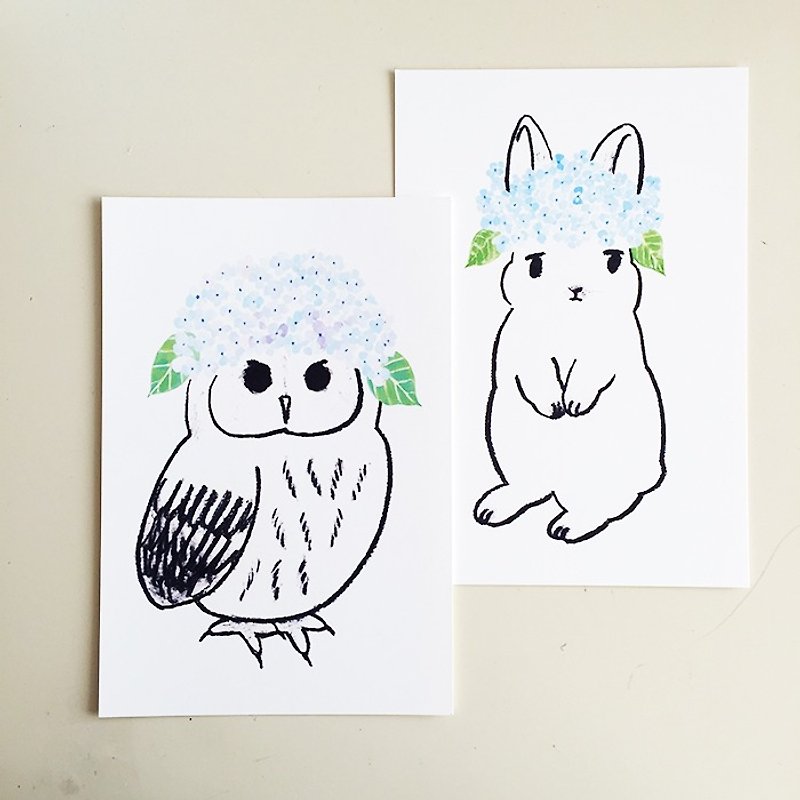 紫陽花モリフクロウ＆紫陽花ウサギのポストカードセット - 卡片/明信片 - 紙 白色