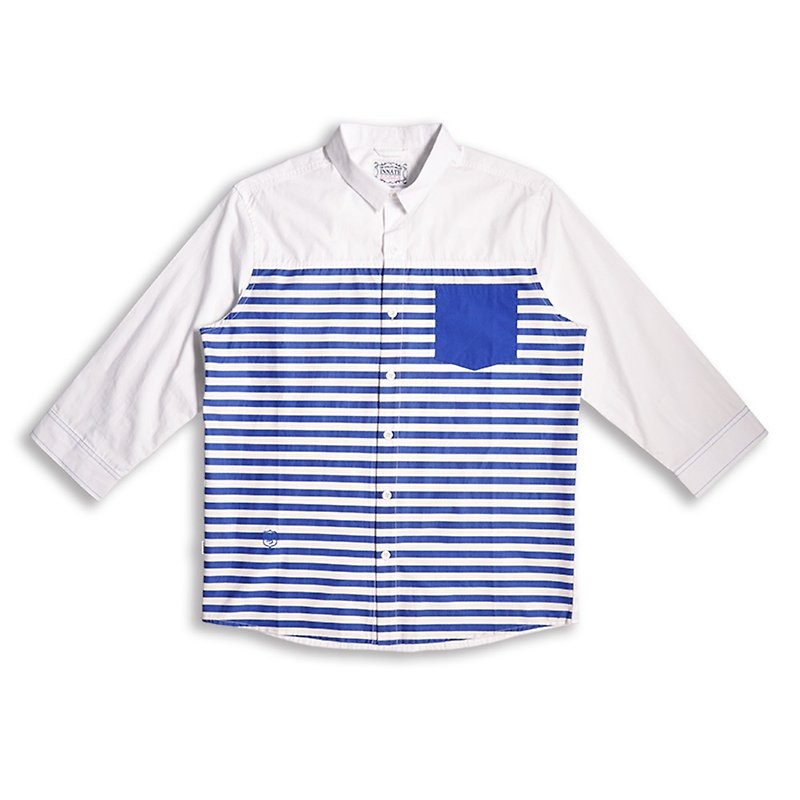 [INNATE] Half-length striped three-quarter sleeve shirt with blue stripes