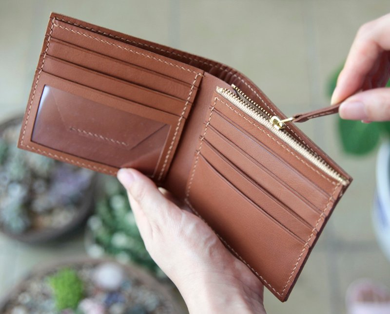 DIY handmade material set zipper coin bag short clip top layer vegetable tanned cowhide wallet engraved Christmas gift - เครื่องหนัง - หนังแท้ 