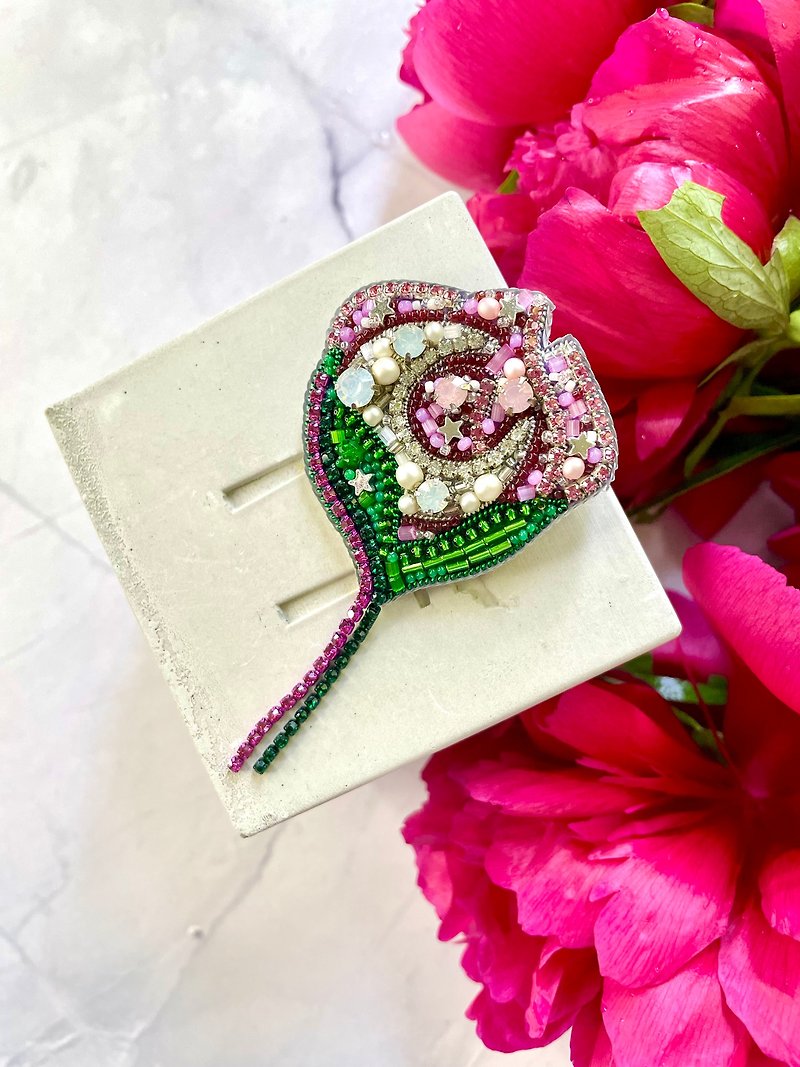 Moon Flower Beaded Brooch, Handmade Embroidered Accessory, Pin Pink Blossom - Brooches - Glass Multicolor