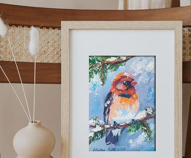 インディオの絵です。手描きのフォークアート 絵画 フクロウアート鳥カラフル オリジナルアート 油絵 段ボールに