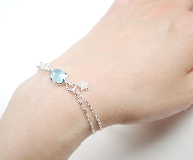 White Day Stars-Indian Blue Chalcedony Fashion Multi-level Design 925  Silver Bracelet