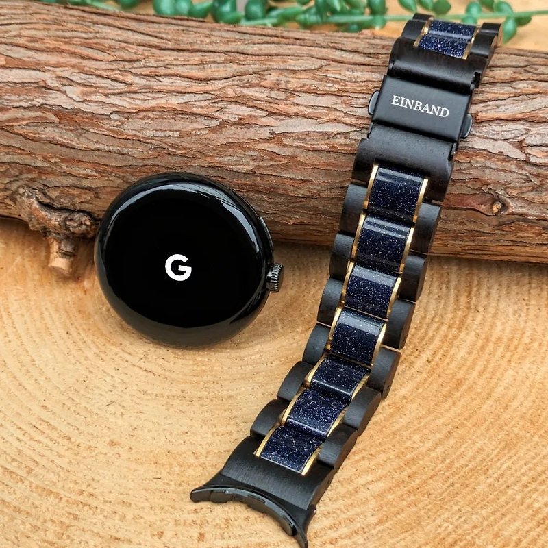 【木製バンド】Google Pixel Watch 天然木バンド ブルーサンドストーン×エボニーウッド - 腕時計 - 木製 ブラック