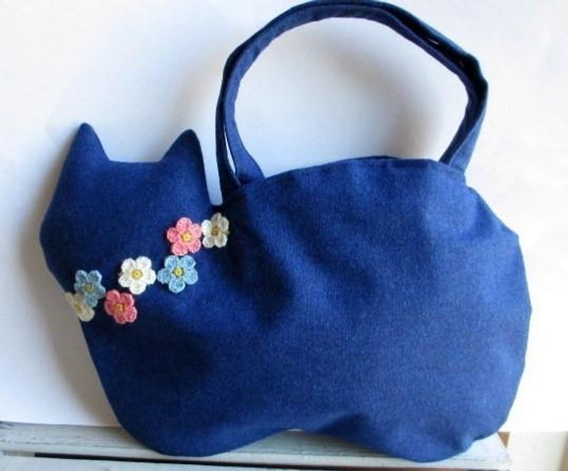 Wool of blue cat bag B * flower with motif - Handbags & Totes - Cotton & Hemp Blue