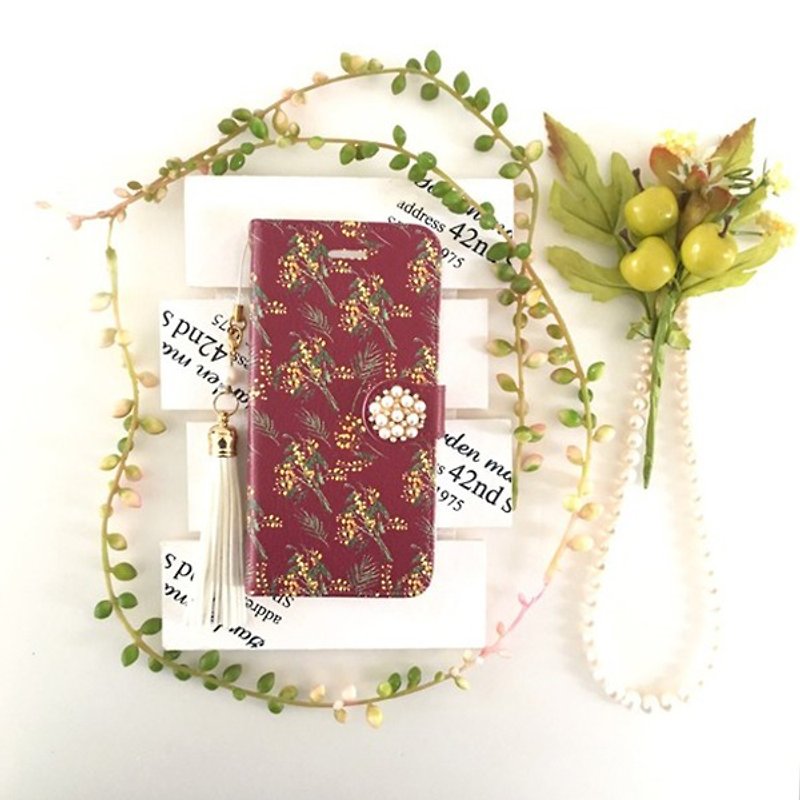 pajour) Bordeaux color mimosa pattern notebook type smartphone case [Autumn / Winter] [Floral pattern] [Bordeaux] - เคส/ซองมือถือ - กระดาษ สีแดง