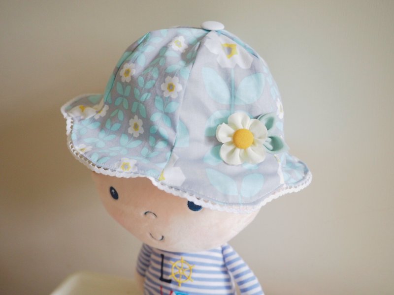 雙面粉藍小花全棉帽子髮夾套裝 - 嬰兒帽子/髮帶 - 棉．麻 藍色