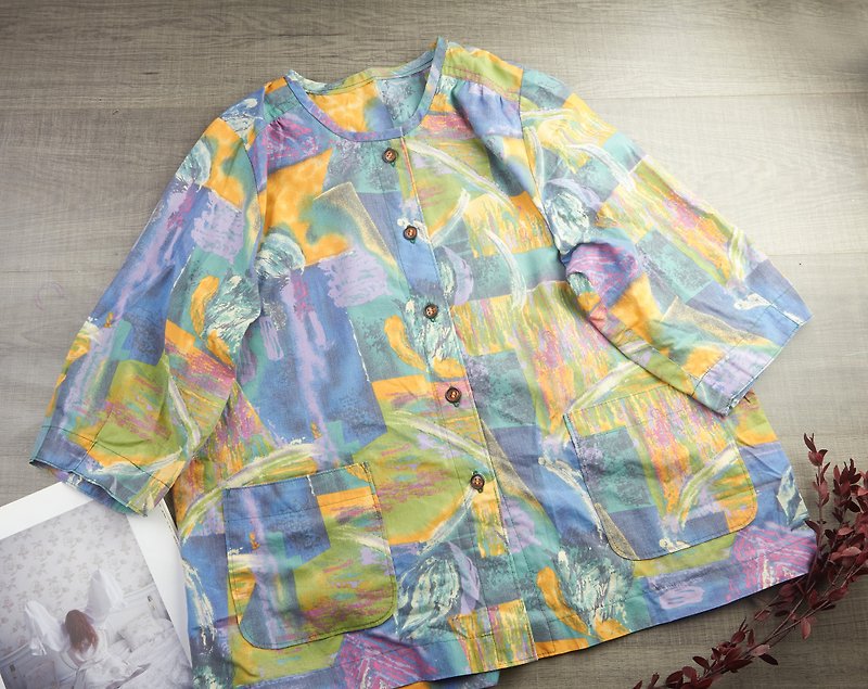 XXL 大碼襯衫 | 復古棉質女式彩色襯衫 - 花卉印花 - 女襯衫 - 其他材質 藍色