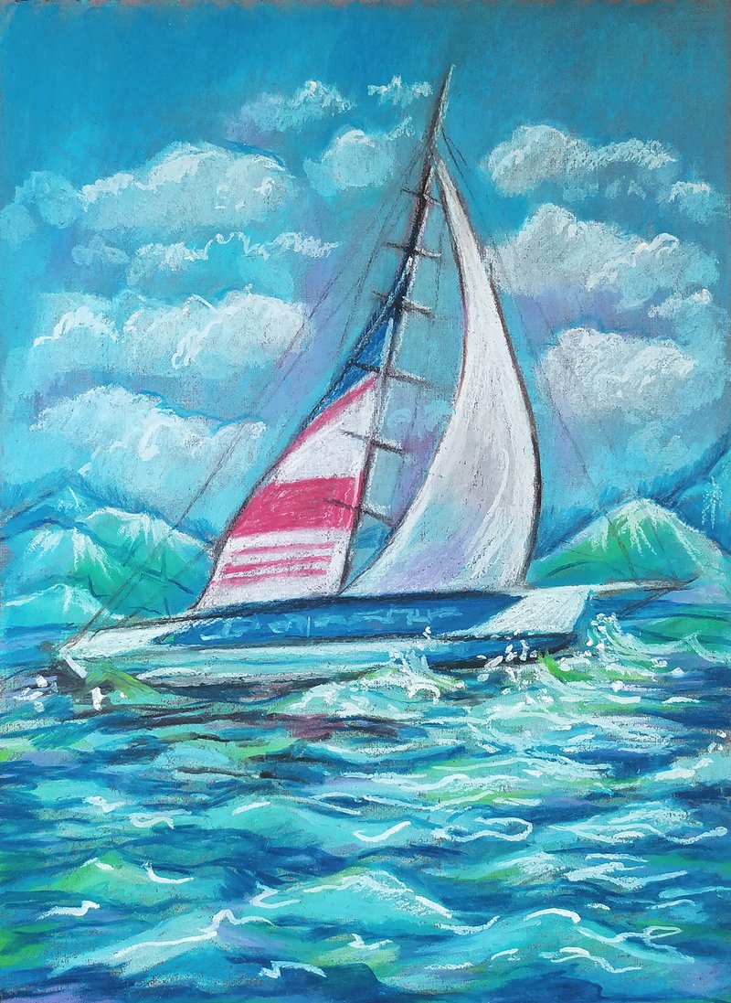Seascapes  sailboat at sea oil pastel original work animal original painting art - 壁貼/牆壁裝飾 - 紙 藍色