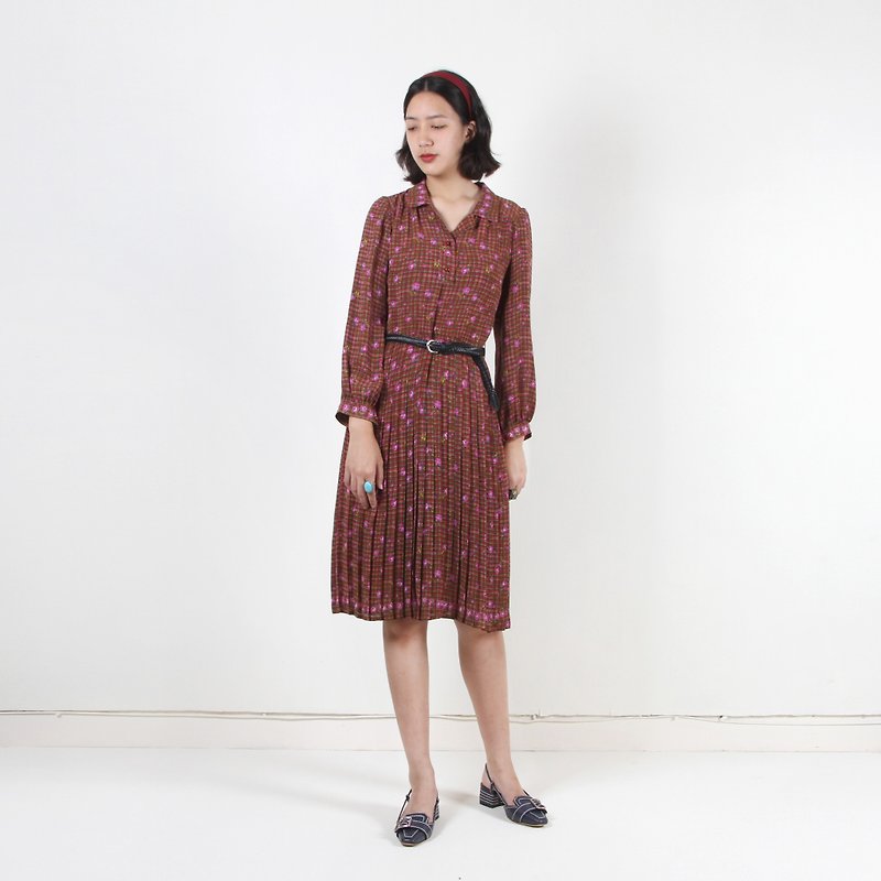 [Egg plant ancient] purple lattice printing long-sleeved ancient dress - One Piece Dresses - Polyester Multicolor