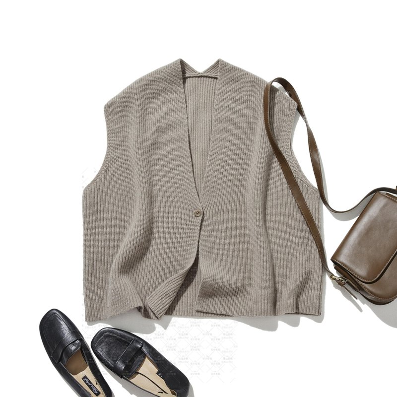 Warm stylish knit vest for home or outdoor 100% wool 251103-1 - Women's Vests - Wool Khaki