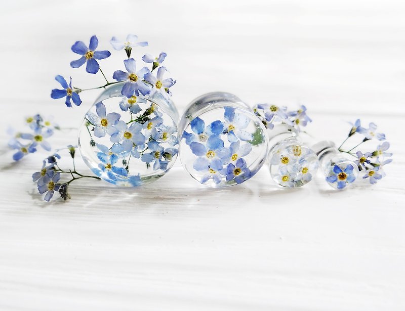 Forget-me-not plugs earrings 4g 2g 0g 00g ear gauges Piercing Body jewelry Resin - ต่างหู - พืช/ดอกไม้ สีน้ำเงิน