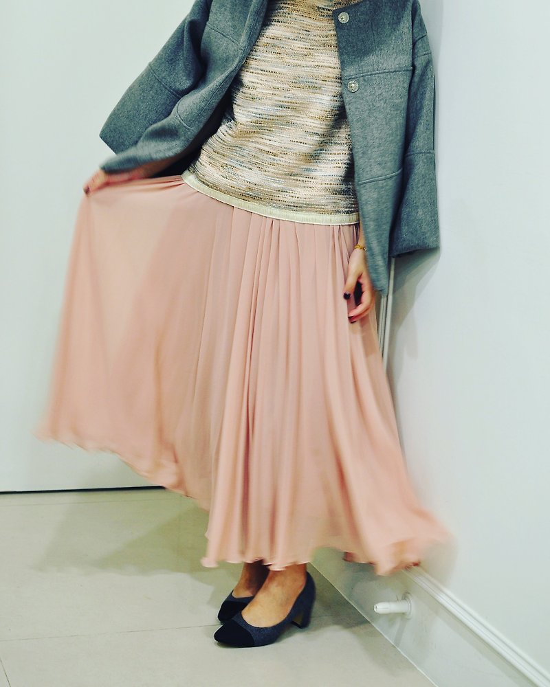 Flat 135 X Taiwan Designer Collection French Long Skirt Pink Skin Tone Three Layer Gauze Skirt Elasticated Waist - Skirts - Polyester Pink