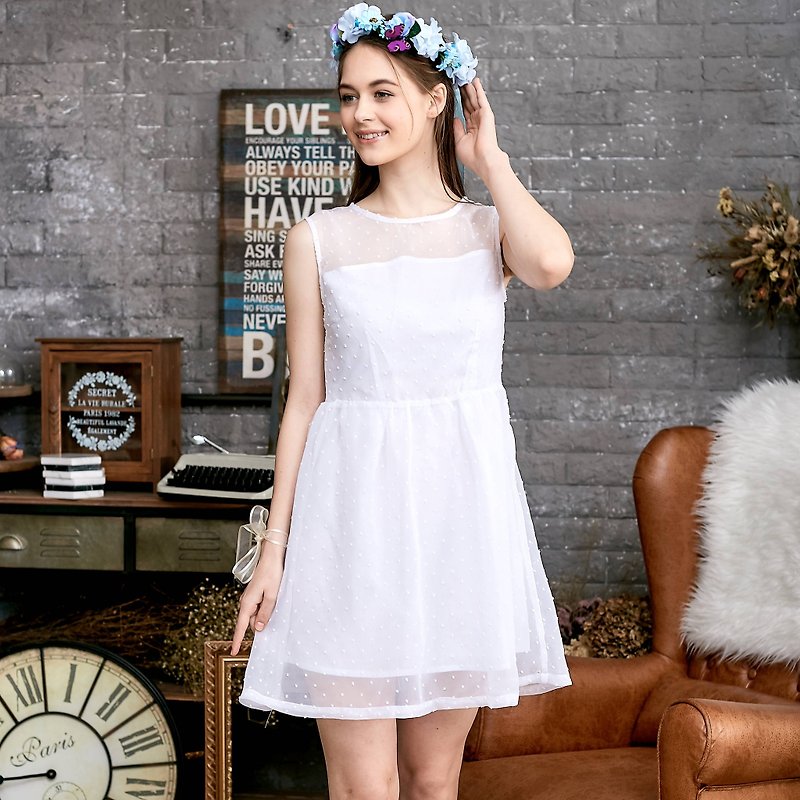 (女裝) 100%純棉－沉睡天鵝湖 - 連身裙 - 聚酯纖維 白色