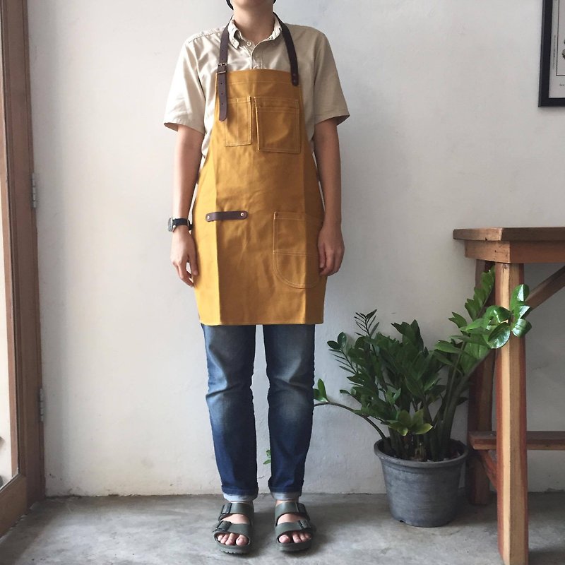 New Mustard Canvas Apron no.04 Copper rivets one pockets Neck Leather - Aprons - Cotton & Hemp Yellow