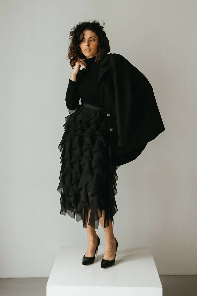 Emotional Skirt Black Pleated Chiffon Skirt Fashionista Skirt - กระโปรง - โลหะ สีดำ