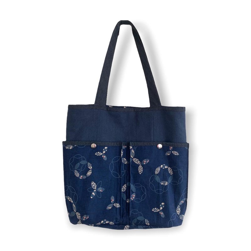 Tote Bag With Two Outer Pockets - 側背包/斜背包 - 棉．麻 藍色