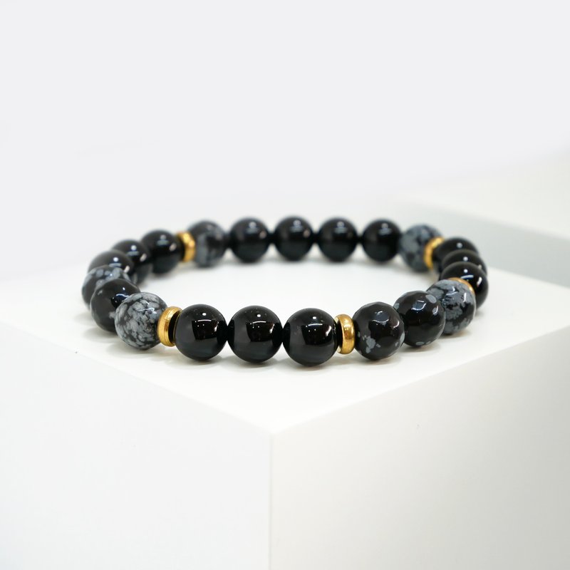 VSNS | Black Gold-Geometric Stone Black Gold Copper Beaded Bracelet for Men and Women - สร้อยข้อมือ - เครื่องประดับพลอย สีดำ