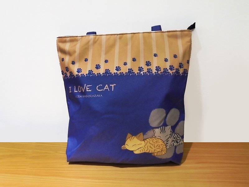 Contrast color cat water repellent zipper tote bag- Khaki blue - Messenger Bags & Sling Bags - Waterproof Material Multicolor