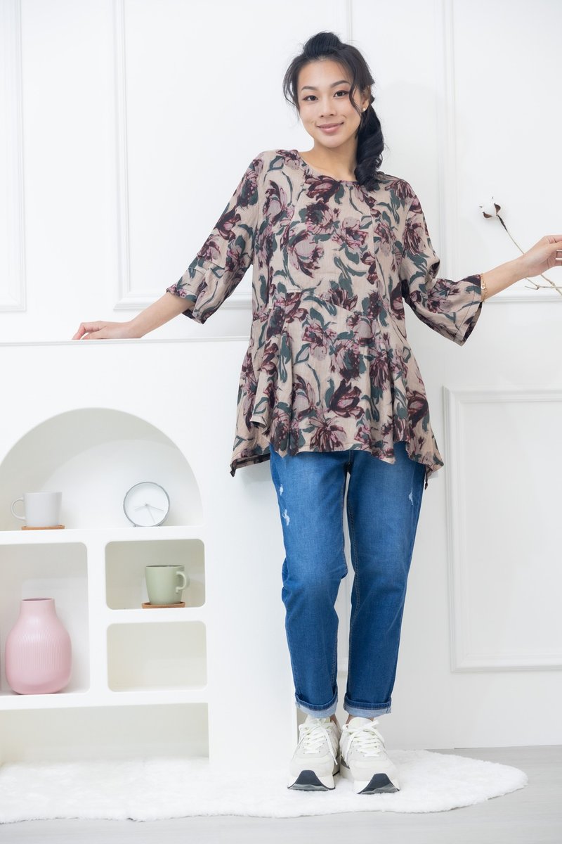 Irregular hem Khaki top with dark red flowers and green leaves - Women's Tops - Other Materials Khaki