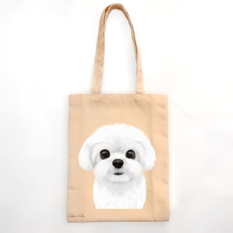 Wang Meow Canvas Bag - Smile Maltese - กระเป๋าถือ - เส้นใยสังเคราะห์ สีกากี