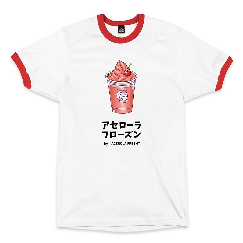 Acerola Smoothie-Piping White/Red-Unisex T-shirt - เสื้อยืดผู้ชาย - ผ้าฝ้าย/ผ้าลินิน ขาว