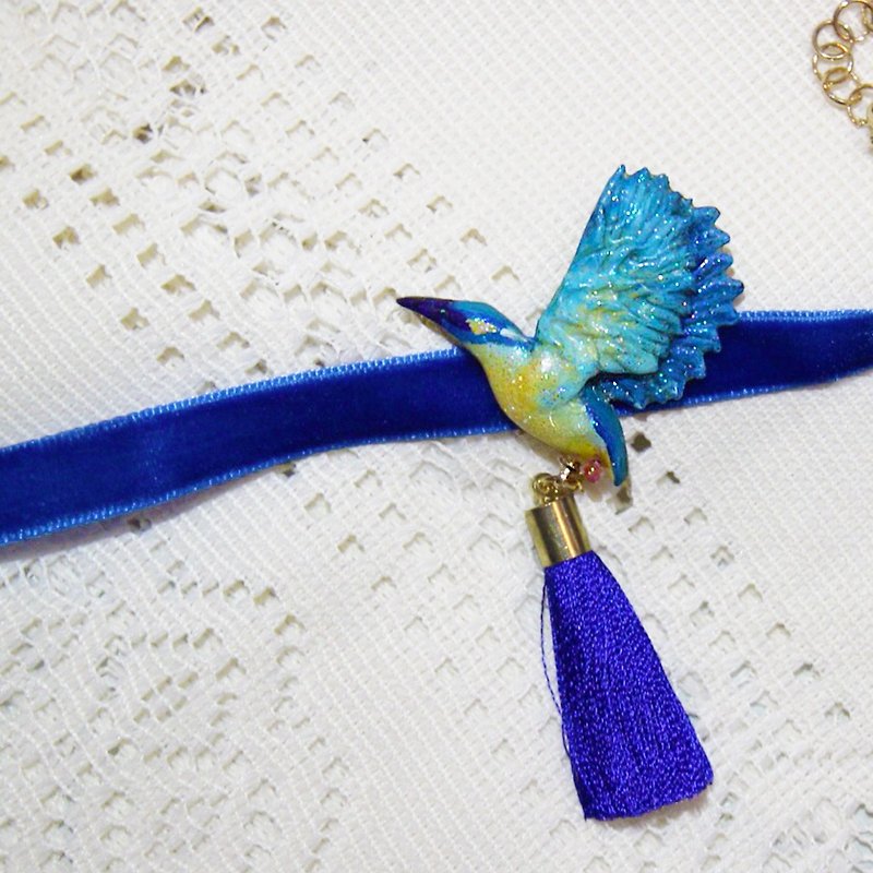 氣質翠鳥  藍色小鳥頸鏈  項鍊 寶石藍絨帶  Choker - 頸圈項鍊 - 黏土 藍色
