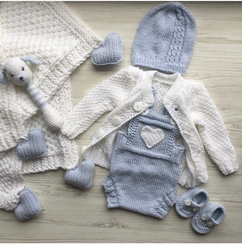 Hand knit clothing set for baby boy. Sweater, hat, romper, booties, toy, blanket - Onesies - Other Materials 