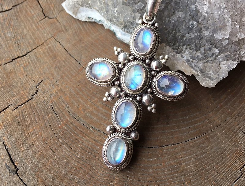 Single/High Quality Blue Moonlight Cross Handmade Silver Pendant - Necklaces - Gemstone Blue