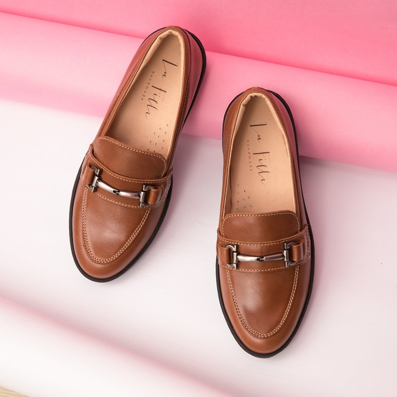 Silver buckle loafers _ brown - Women's Oxford Shoes - Genuine Leather Brown
