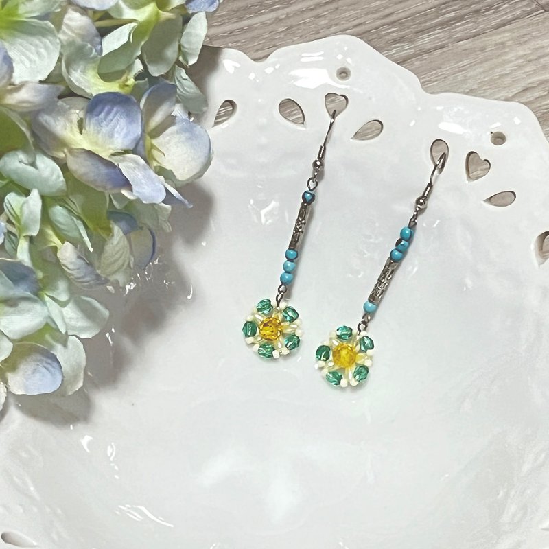 small round flower earrings - Earrings & Clip-ons - Other Metals Green