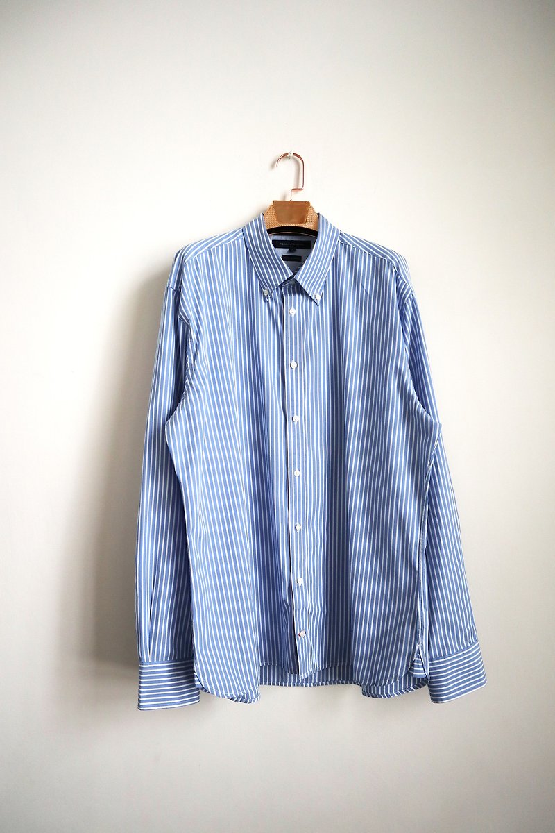 Pumpkin Vintage. Vintage blue and white striped shirt - เสื้อเชิ้ตผู้ชาย - ผ้าฝ้าย/ผ้าลินิน 