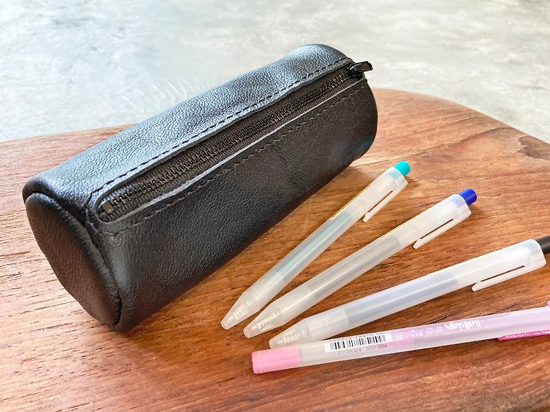 Round Gulu Zipper Pencil Case Leather Material Wraps Well Sewn Vegetable Tanned DIY Handmade Stationery Cosmetic Bag - Leather Goods - Genuine Leather Black