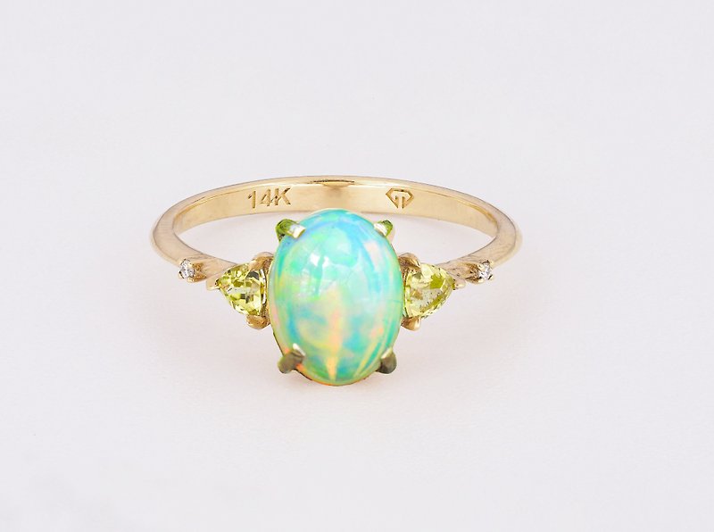 14kt  gold ring with opal. side diamonds and peridots. - General Rings - Precious Metals Gold