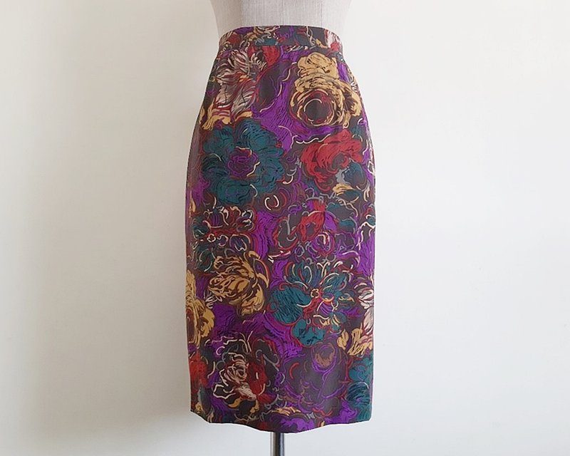 Vintage Colorful Floral Silk Skirt - Skirts - Silk Brown