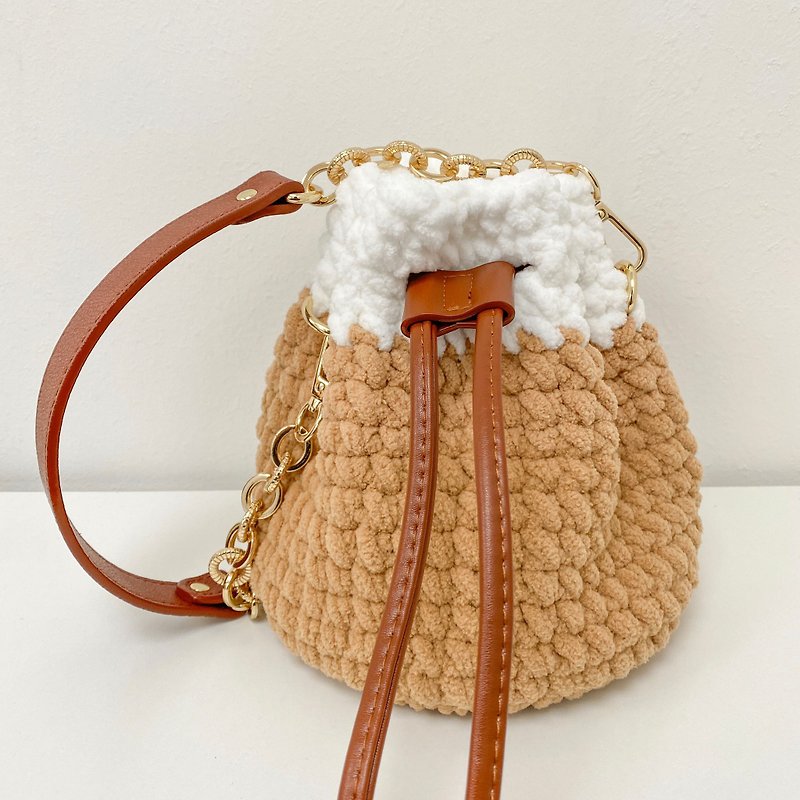Hand Crochet Invincible Colorblock Bucket Bag - Drawstring Bags - Other Materials Khaki