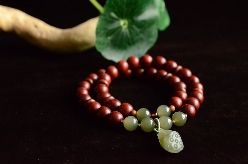 [Yinglian] Natural Indian small-leaf rosewood double circle Hetian Jade Lake water green bracelet and Hetian Jade lotus pod - Bracelets - Wood Brown
